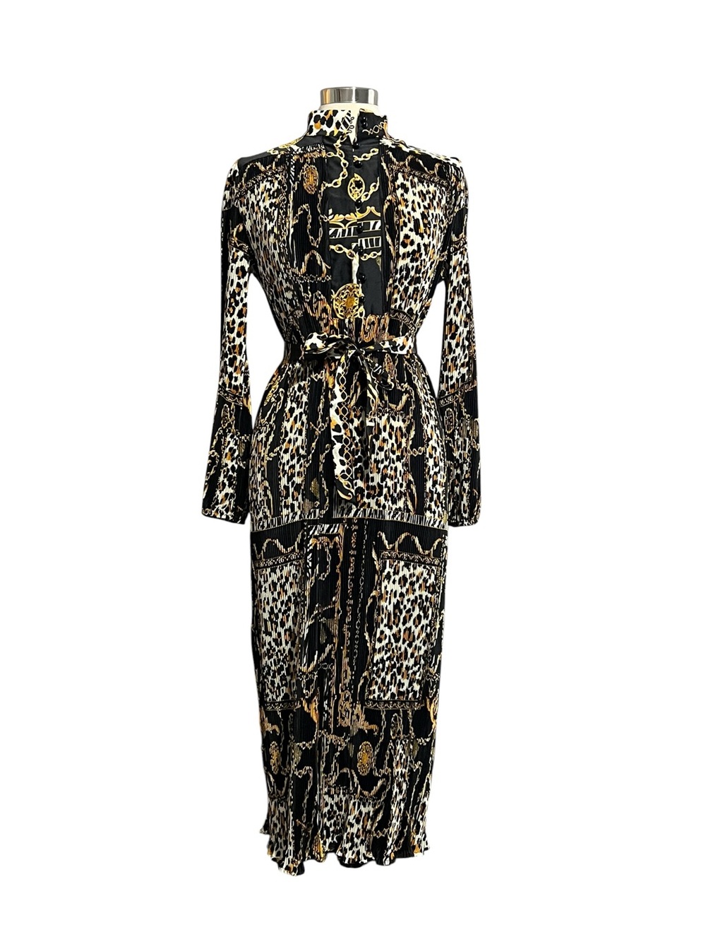 Beulah Baroque & Leopard Print Midi Shirt Dress Accordion Pleated One Size